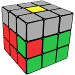 Rubik's cube with centre pieces and first layer coloured, and the red/green edge piece is in the correct position in the middle layer with the wrong orientation.