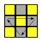 Top layer of Rubik's cube with 3 edge pieces needing to move in a clockwise rotation.